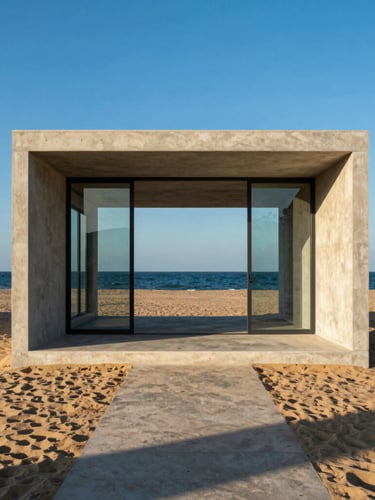 Symmetrical straight-on architectural photograph of a modern concrete and glass pavilion on the Mediterranean coast, sharp shadows, bright golden-hour light, minimal luxury