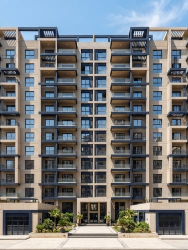Symmetrical straight-on architectural facade of a modern concrete and glass building in New Mansoura. Bright, high-contrast Mediterranean daylight, sharp geometric shadows, warm sand and deep navy blue tones, 35mm lens.