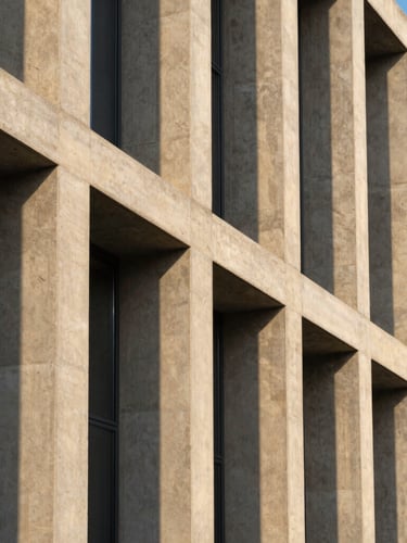 Macro structural detail of modern concrete columns and glass panels. Straight-on angle, sharp geometric lines, bright golden-hour Mediterranean sun casting deep linear shadows.