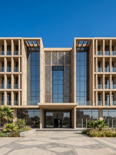 Symmetrical straight-on architectural elevation of a modern concrete and glass commercial building in New Mansoura, bright Mediterranean daylight, sharp geometric shadows, warm sand tones