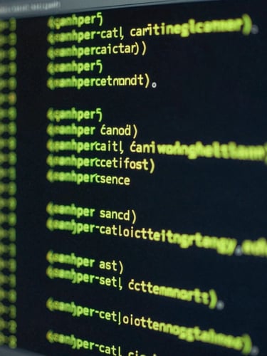 Extreme close-up of a dark cinematic terminal screen showing running code blocks with glowing cyber-lime accents, macro focus, 35mm