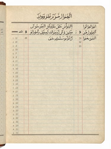 A flat-lay archival scan of a 1999 financial ledger page, handwritten Arabic script and numerical columns on aged, yellowed paper, natural unedited daylight, low-contrast historical film.