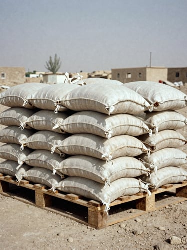 A wide-angle documentary shot of aid distribution in late-1990s Afghanistan, grain sacks stacked on a wooden pallet, dusty earth tones, archival 35mm film grain.