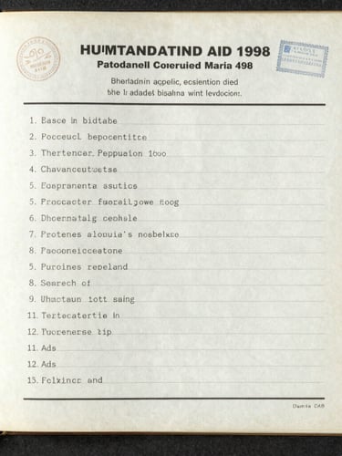 Flat-lay scan of a historical humanitarian aid manifest from 1998, printed on aged paper with official stamps, low-contrast natural daylight, archival film grain.