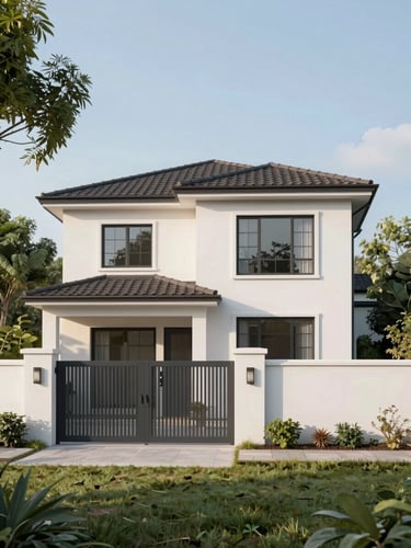 Wide environmental shot of a two-storey residential house exterior, full facade visible, photographed from the front yard in soft morning daylight — clean render of white-painted walls, tiled roof, mature trees framing the left edge, front gate slightly ajar, no people, no staging