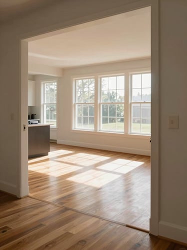 Wide interior room photographed from the doorway threshold, abundant daylight streaming through large windows onto hardwood floors, kitchen counter visible in the background with no staging or props, walls bare, condition evident