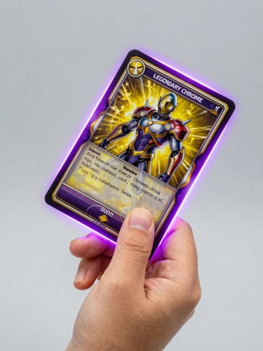 Dynamic close-up of a child's hand holding a holographic Legendary Chrome card with electric yellow and deep purple rim lighting, showing physical card texture and 3:4 ratio.