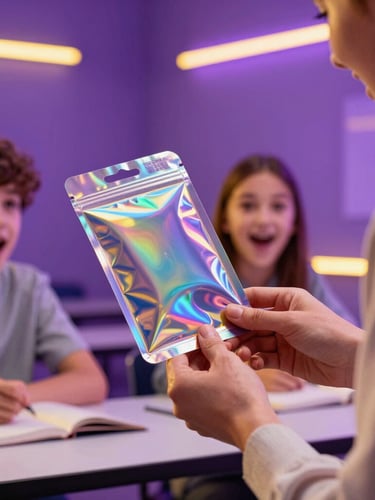 Dynamic low-angle close-up of a teacher handing a holographic science booster pack to an excited student in a modern classroom, purple and yellow rim lights, high-contrast studio details