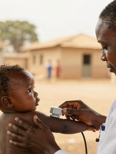 A medium close-up of a healthcare worker gently measuring an infant's arm in a bright, sunlit community clinic in Nigeria, warm golden-hour light, shallow depth of field, 35mm.