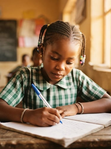 A warm medium close-up of a Nigerian schoolgirl writing in her notebook, illuminated by soft golden-hour window light, shallow depth of field, 35mm