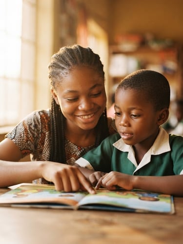 Medium close-up of a smiling Nigerian teenager mentoring a young school-age child with a book under warm, golden-hour natural window light, shallow depth of field, 35mm