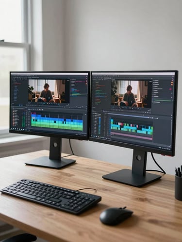 Wide shot of a working desk — dual monitors displaying a video editing suite and a code editor side by side, natural window light from the left, keyboard and mouse in foreground, no clutter