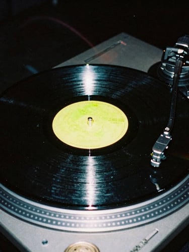 Gritty close-up of a vinyl record spinning on a turntable under harsh direct flash, neon green reflections, high contrast dark club environment, 35mm photography style.