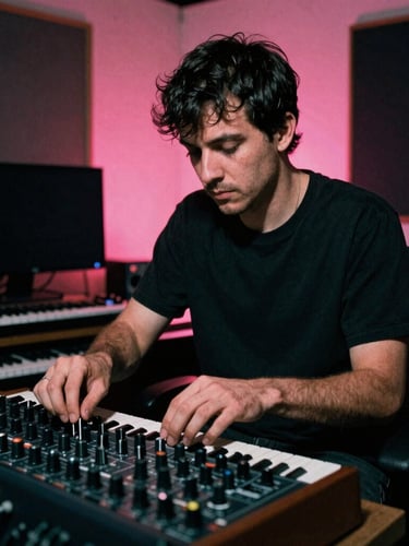 Gritty portrait of a music producer tweaking knobs on a modular synthesizer, low-light neon pink backlighting, harsh shadows, analog studio environment, 35mm photography.