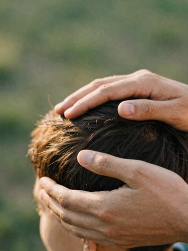 Close-up of hands gently supporting a client's head, soft diffused afternoon sunlight, earthy green and muted gold tones, shallow depth of field, 35mm film texture.
