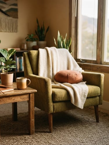 Quiet, sunlit corner of a somatic therapy studio in Salt Lake City, warm diffused afternoon light, natural textures like wood and soft blankets, shallow depth of field, 35mm film texture.