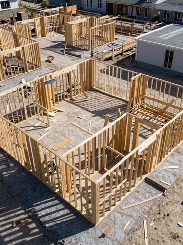 High-angle drone shot of an active residential construction site, raw wood framing exposed, bright direct daylight, high-contrast cool tones