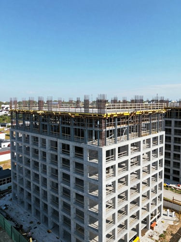 Wide-angle drone shot of a modern multi-family development under construction, raw steel framing exposed against a crisp blue sky, bright daylight.