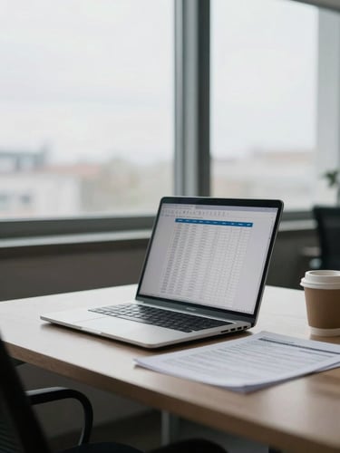 Wide shot of a working office desk in use — open laptop, printed spreadsheet, coffee cup, diffuse overcast light from a side window, no people visible, factual and unposed