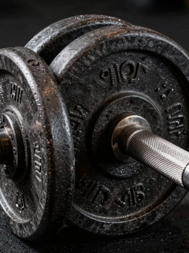 Close-up shot of a vintage knurled steel barbell loaded with heavy iron plates, dramatic side-lighting highlighting the metallic texture and knurling details, black background.