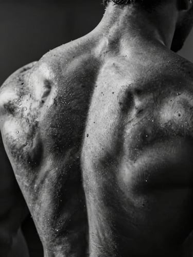 Dramatic close-up of a bodybuilder's back muscles under tension, high-contrast chiaroscuro lighting, black and white