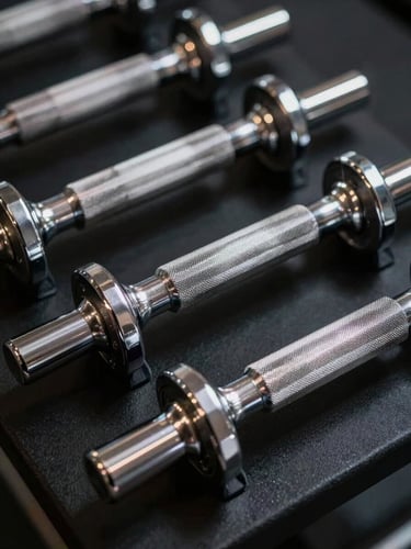 Dramatic side-lit close-up of heavy knurled barbells resting on a matte black rack, high-contrast shadows highlighting the metallic texture.