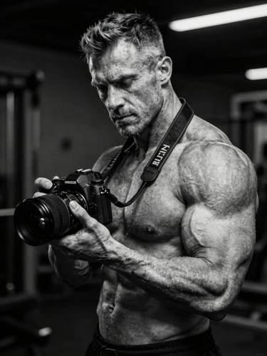 High-contrast black and white portrait of founder Collins, a competitive physique athlete holding a professional camera, low-key side lighting