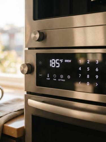 Close-up of a sleek, modern kitchen appliance interface, showing digital controls for temperature, bright morning window light, warm neutral tones, crisp detail, shallow depth of field, straight-on eye-level shot.