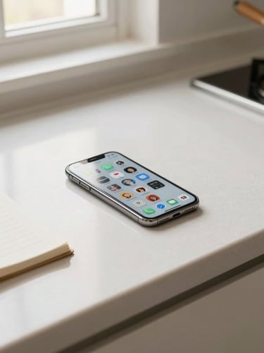 Overhead shot of a clean kitchen countertop with a smartphone displaying social media icons and a notepad with contact details, bright morning window light, warm neutral tones, crisp detail, shallow depth of field