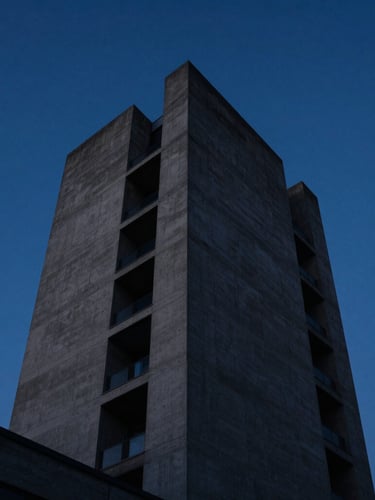 Low-key moody architectural shot of a modern concrete tower ascending into a deep cosmic blue twilight sky, sharp focus, 35mm lens.
