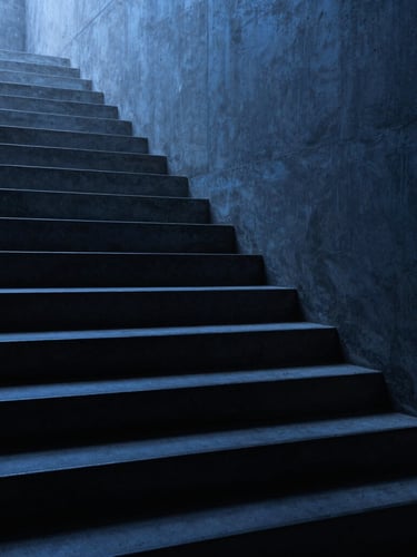 Low-key moody shot of a minimalist concrete staircase ascending upwards into shadow, cosmic blue ambient lighting, high contrast.