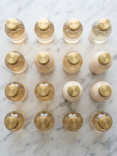 Structured flat-lay of minimalist glass amenity bottles with brass caps on a clean white marble surface, bright neutral daylight, sharp macro focus