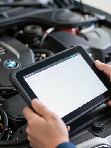 Close-up macro shot of a mechanic using a high-tech diagnostic tablet connected to a modern BMW engine bay, bright cool workshop lighting, sharp focus on screen