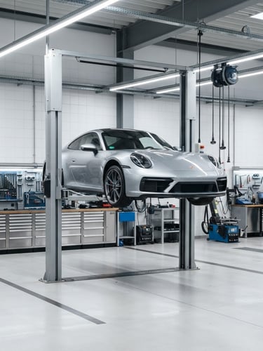 Sharp industrial photography of a clean modern automotive workshop, a silver Porsche 911 on a hydraulic lift, bright overhead LED lighting, organized tool cabinets in the background, 50mm lens