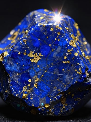 Macro shot of raw lapis lazuli stone, deep blue with golden pyrite inclusions, dramatic low-key lighting, ethereal backlighting, soft prismatic lens flares, 35mm