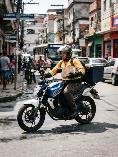Professional courier on a motorcycle in motion on a street in Belford Roxo, wearing high-visibility gear, securely handling a sealed package, bright natural daylight, dynamic action shot, high-contrast industrial tones, sharp focus, 35mm lens.