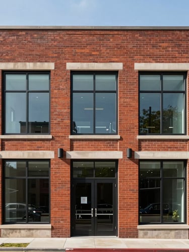 Straight-on architectural elevation of 1467 Coffeen Avenue, showcasing clean red brickwork, professional steel framing, and large glass windows under bright daylight.