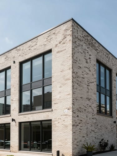 Crisp architectural exterior shot of 1467 Coffeen Avenue showing clean brickwork and modern glass facades under bright daylight.
