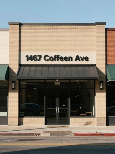 Straight-on architectural elevation of 1467 Coffeen Ave commercial building, clean brick and steel facade, bright natural daylight, crisp shadows