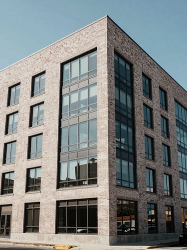 Straight-on architectural elevation of 1467 Coffeen Avenue under bright daylight, clean brick and glass facade, sharp angles, professional corporate aesthetic.