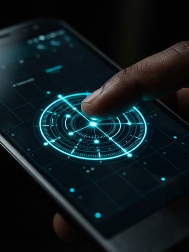 Macro close-up of a premium Android phone screen displaying a dark-themed calendar app, glowing electric cyan accents illuminating a finger hovering over a custom dial widget, moody ambient dark-room lighting, macro lens, shallow depth of field.