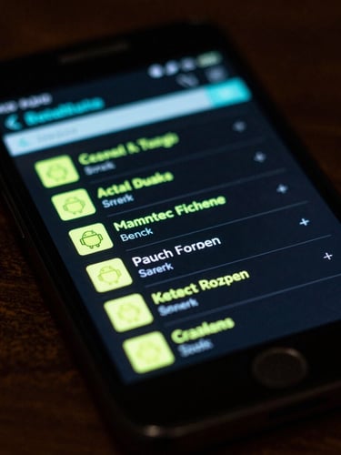 Macro portrait of an Android device displaying a neon-accented task manager, glowing radioactive lime and cyan screen-cast light illuminating a dark wooden surface, shallow depth of field.