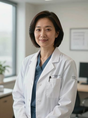 A clean, bright portrait of a licensed naturopathic doctor in a modern clinical consulting room, natural daylight, professional attire.