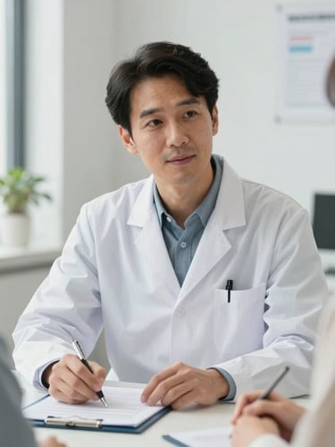 Medium close-up of a licensed naturopathic doctor in a bright, modern clinical office, consulting with a patient over medical charts, clean daylight, neutral white balance.