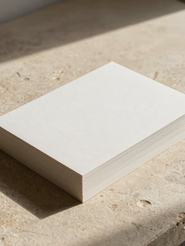 A minimalist, wide-angle shot of tactile, heavy handmade paper stocks resting on a warm beige stone surface, bathed in soft morning daylight with gentle, natural shadows.