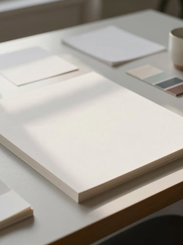 Wide panoramic view of a minimalist design studio desk with tactile heavy paper stocks, neutral color swatches, and a ceramic cup under soft morning daylight.