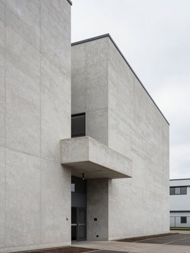 An architectural crop of a modern British distribution facility, clean concrete lines, soft diffused overcast daylight, quiet and structured composition