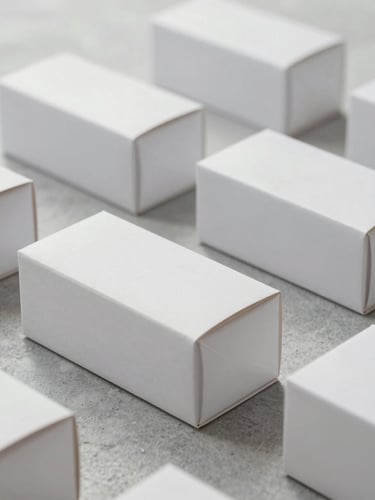 A clean geometric arrangement of simple white packaging boxes on a light grey stone surface, diffused overcast morning light, soft shadows, architectural crop.