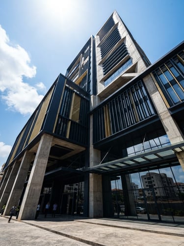 Low-angle architectural shot of a modern concrete and steel commercial office building in Accra, sharp midday sun, deep shadows.