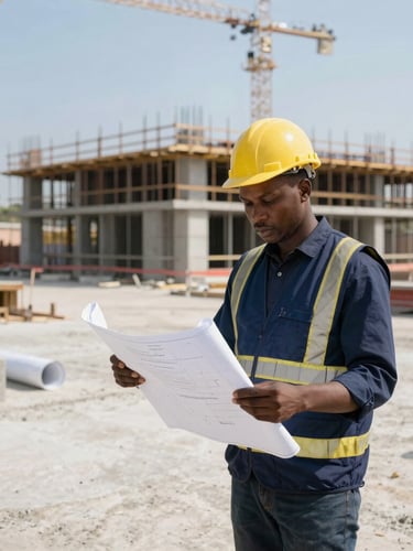 A certified Ghanaian civil engineer in a navy blue safety vest reviewing blueprints on an active concrete construction site, bright morning sun, sharp focus, 35mm